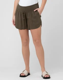 Byron Shirred Linen Short  Olive