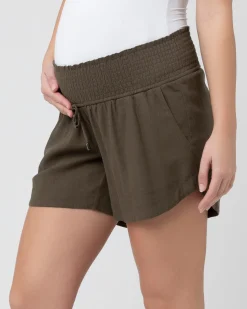 Byron Shirred Linen Short  Olive