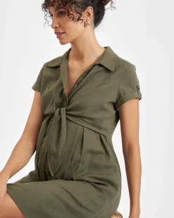 Colette Tie Up Linen Dress Olive