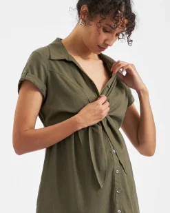 Colette Tie Up Linen Dress Olive