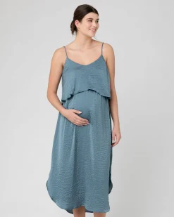 Crushed Satin Nursing Dress  Dusty Blue