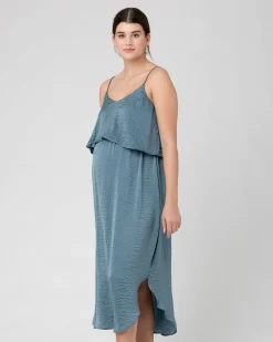 Crushed Satin Nursing Dress  Dusty Blue