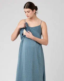 Crushed Satin Nursing Dress  Dusty Blue