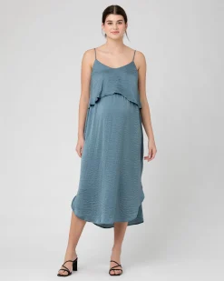 Crushed Satin Nursing Dress  Dusty Blue