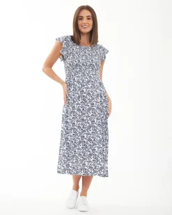 Joyce Shirred Dress  White / Navy