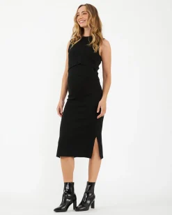 Layered Knit Nursing Dress Black