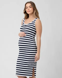 Lee Button Down Rib Dress  Navy / White