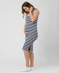 Lee Button Down Rib Dress  Navy / White